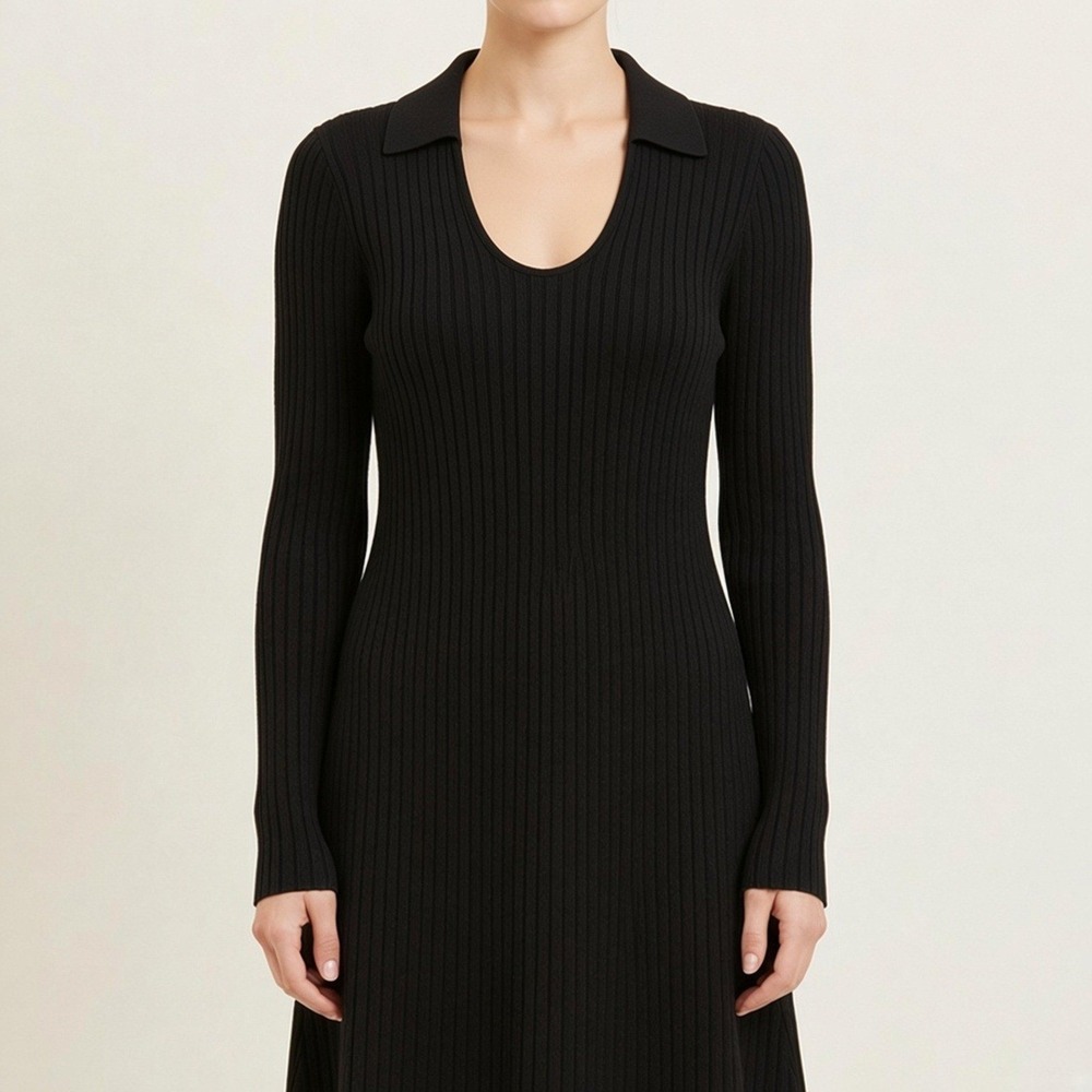 Mystree NWT Black Ribbed Sweater Dress Collared Open Scoop Neck Long Sleeve L